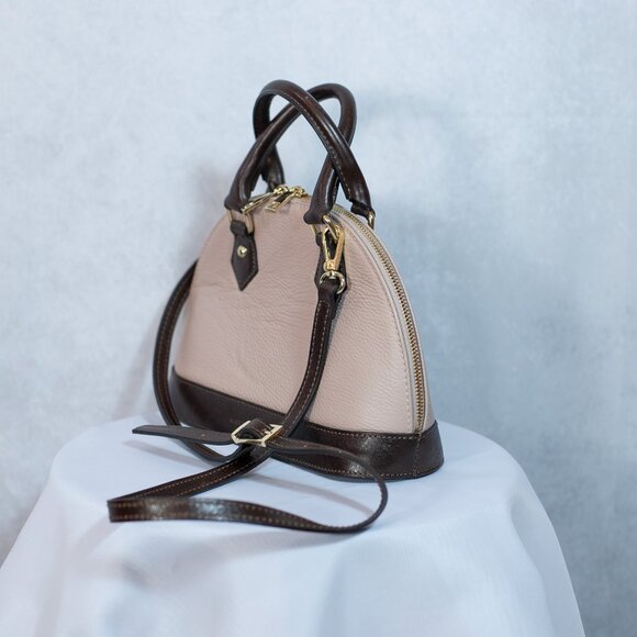 Divina Firenze Leather Convertible Dome Crossbody Bag Made in Italy Beige Brown - Picture 2 of 10